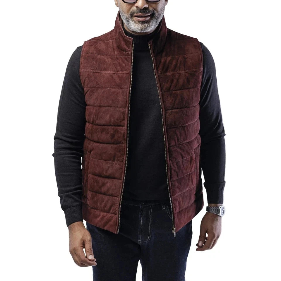 Men's Burgundy Quilted Premium Suede Leather Original Vest Coat