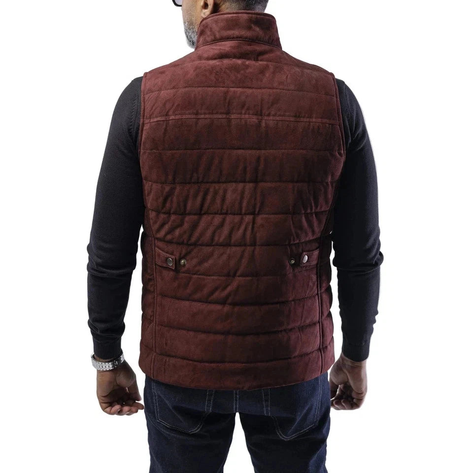 Men's Burgundy Quilted Premium Suede Leather Original Vest Coat