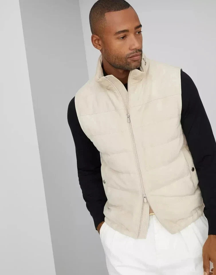 Men's Premium Beige Original Suede Leather Puffer Vest Coat