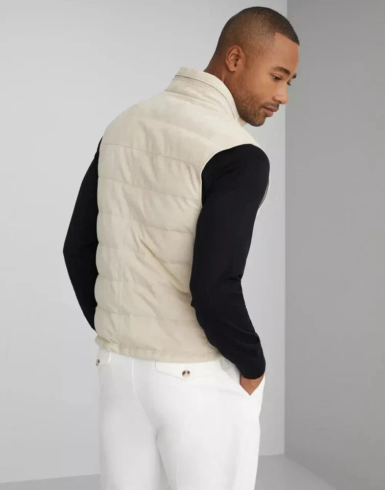 Men's Premium Beige Original Suede Leather Puffer Vest Coat