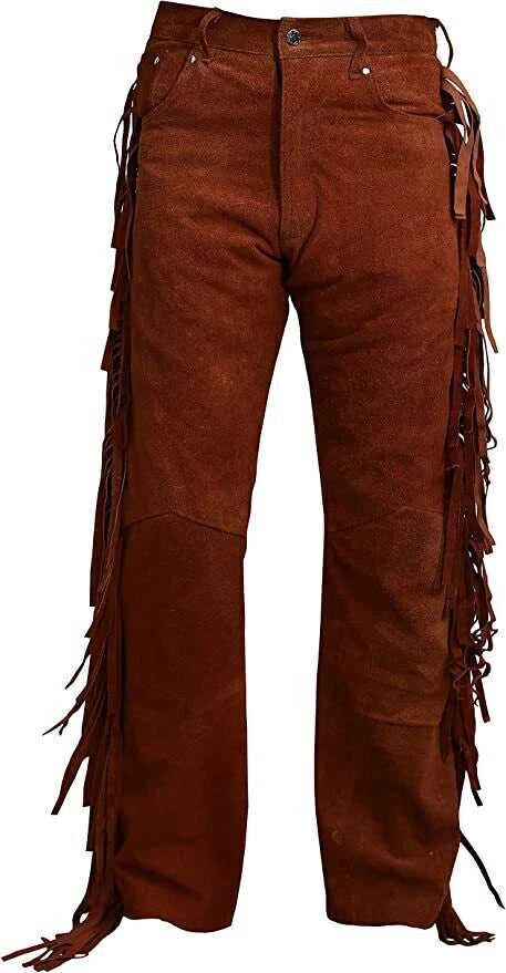 Men Premium Brown Original Suede Leather Fringe Pant