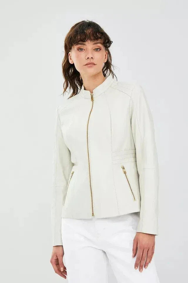 Women's Ivory Original Leather Jacket - Premium Minimalist Zip Front - Kamercio