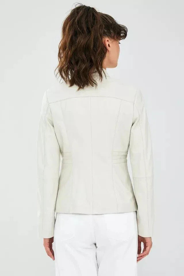 Women's Ivory Original Leather Jacket - Premium Minimalist Zip Front - Kamercio