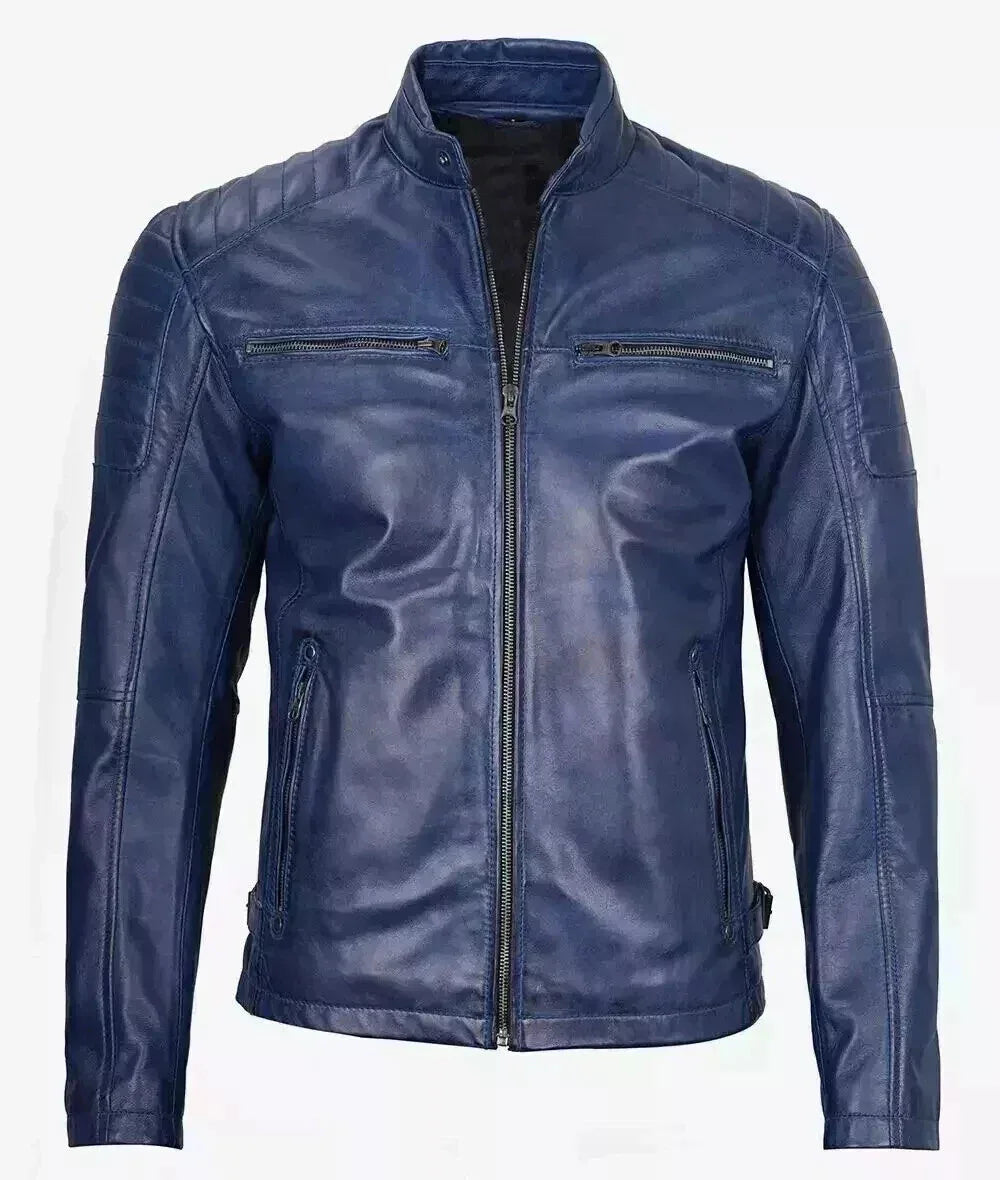 Men's Original Blue Leather Racer Jacket - Premium Full-Grain Café Racer