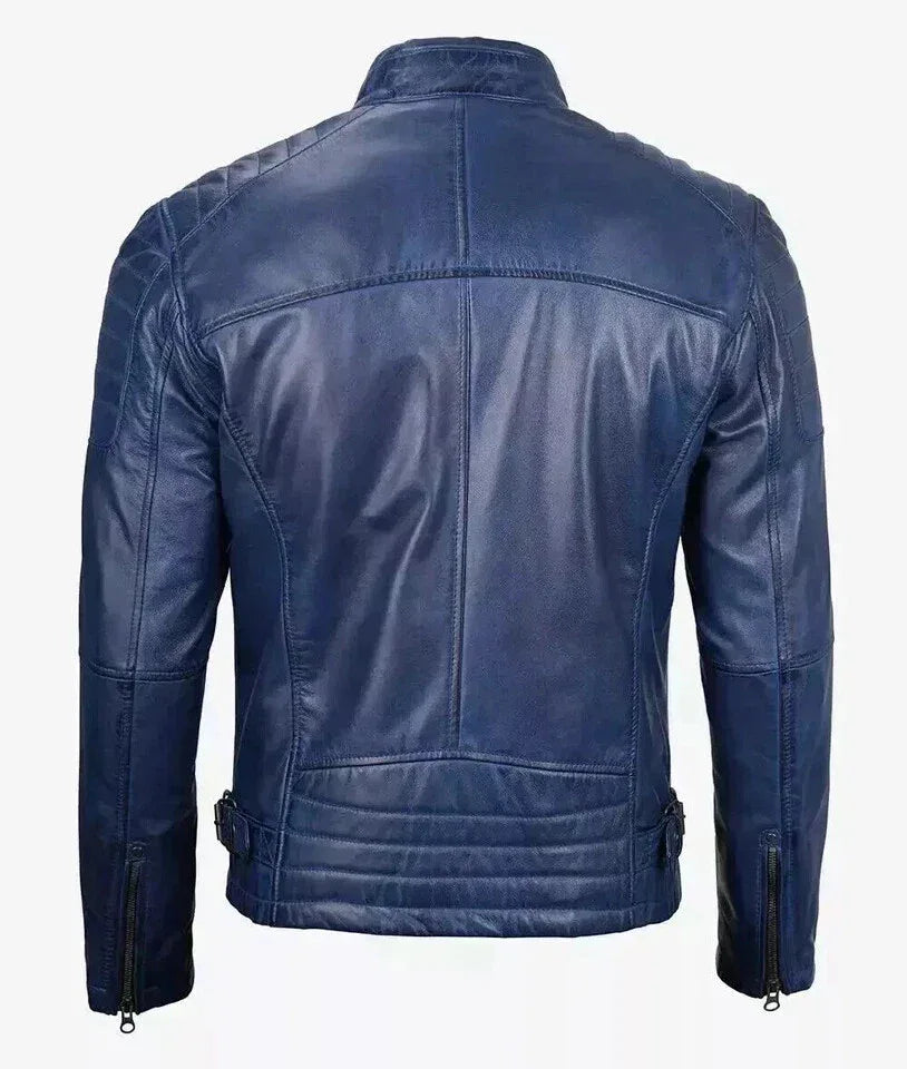 Men's Original Blue Leather Racer Jacket - Premium Full-Grain Café Racer