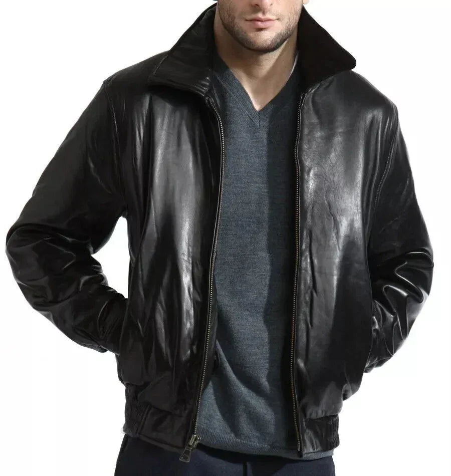 Men's Black Original Leather Bomber Jacket with Hood - Premium Full-Grain Flight Jacket