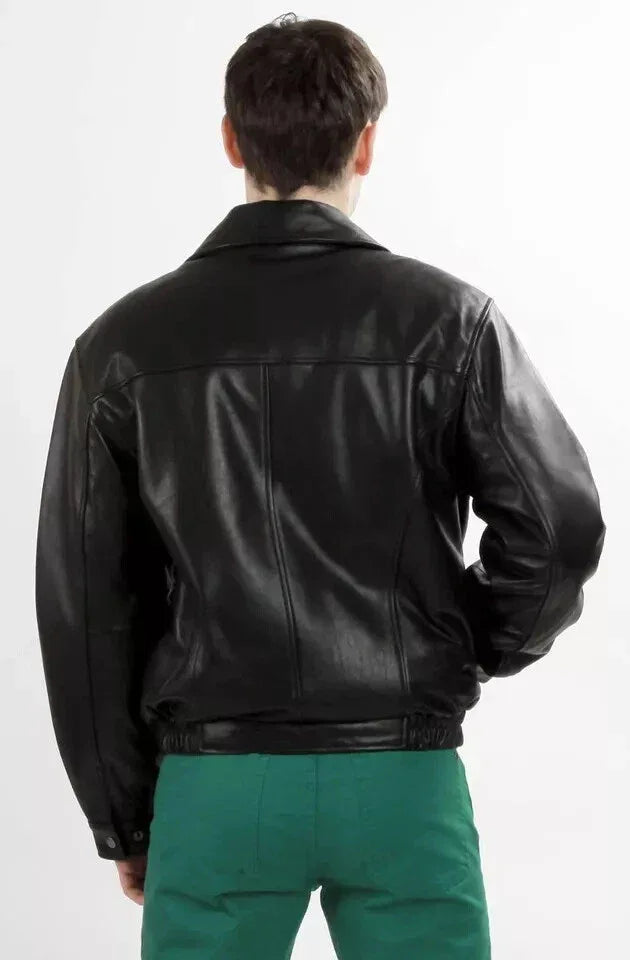 Men's Black Original Leather Bomber Jacket with Hood - Premium Full-Grain Flight Jacket