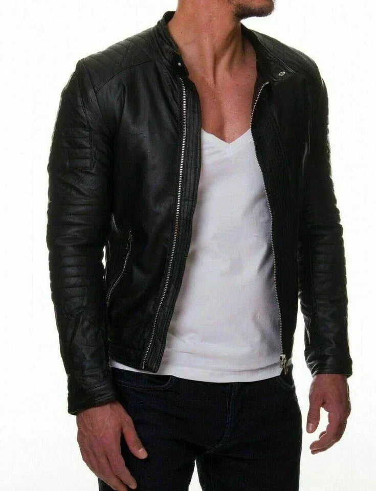 Men's Black Original Leather Biker Jacket with Quilted Sleeves - Premium Moto Racer