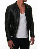 Men's Black Original Leather Biker Jacket with Quilted Sleeves - Premium Moto Racer