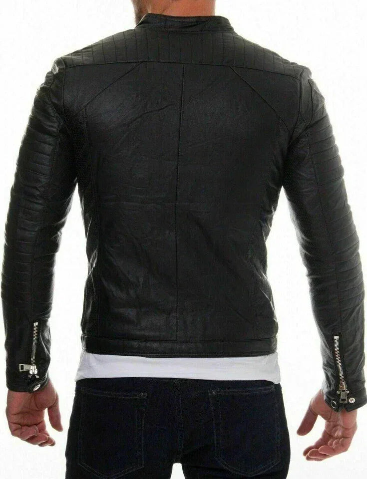 Men's Black Original Leather Biker Jacket with Quilted Sleeves - Premium Moto Racer