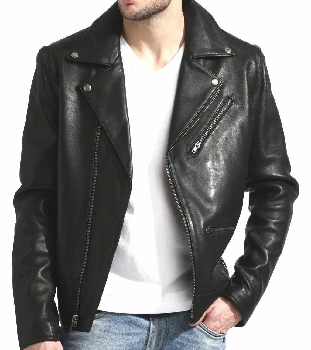 Men's Classic Original Black Leather Biker Jacket - Premium Full-Grain Asymmetric Moto