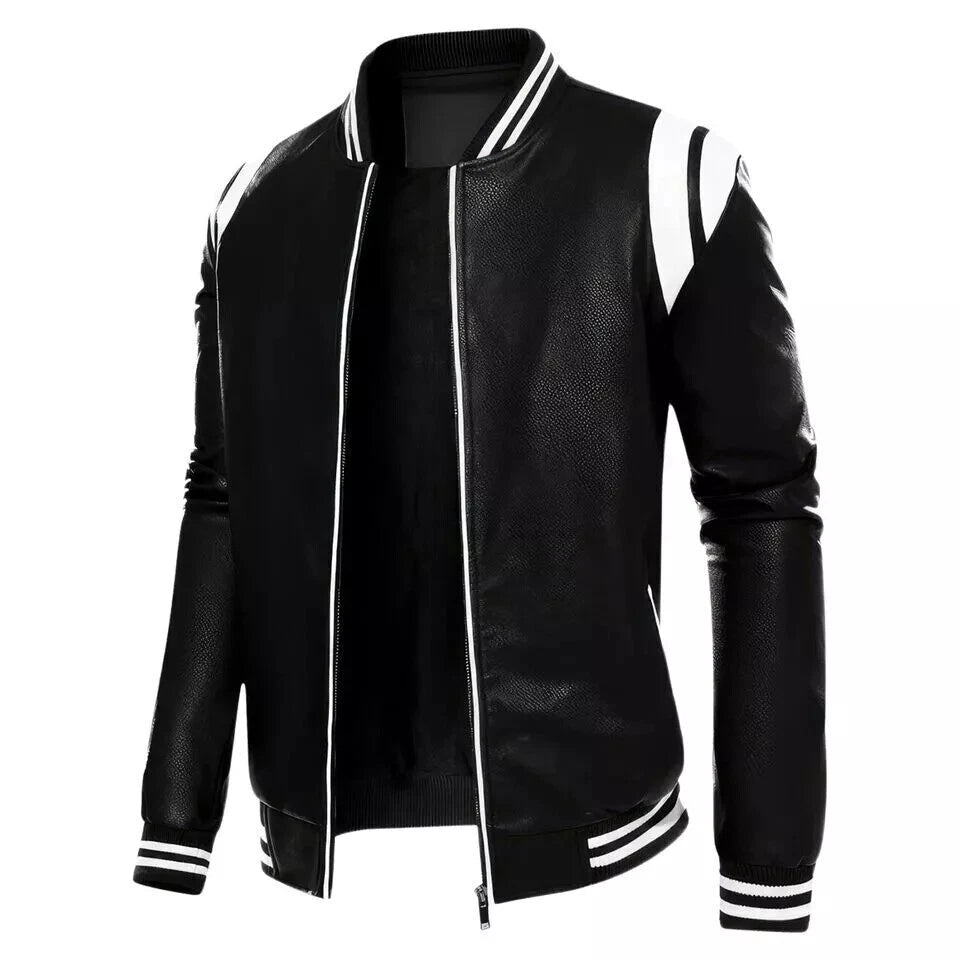 Men's Black Leather Varsity Bomber Jacket - Premium Baseball Jacket with White Stripes