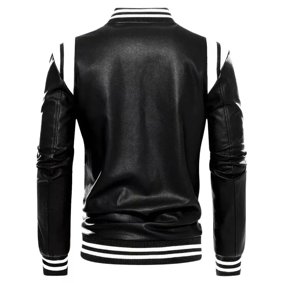 Men's Black Leather Varsity Bomber Jacket - Premium Baseball Jacket with White Stripes