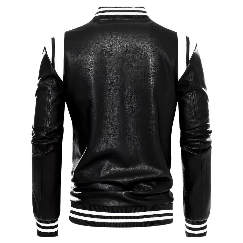 Men's Black Leather Varsity Bomber Jacket - Premium Baseball Jacket with White Stripes