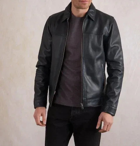 Men's Black Leather Jacket with Shirt Collar - Premium Full-Grain Classic