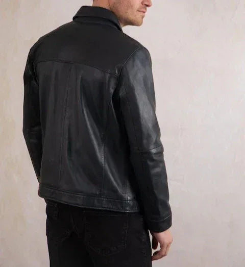 Men's Black Leather Jacket with Shirt Collar - Premium Full-Grain Classic