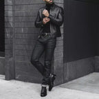 Men's Black Original Leather Racer Jacket with Stand Collar - Premium Sleek Café Racer – front view – Kamercio