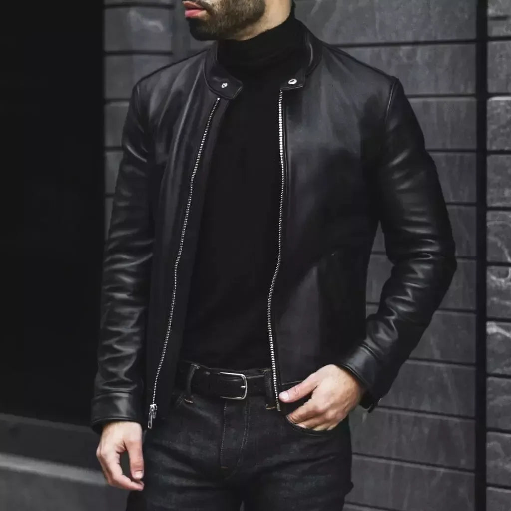 Men's Black Original Leather Racer Jacket with Stand Collar - Premium Sleek Café Racer