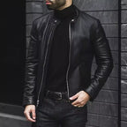 Men's Black Original Leather Racer Jacket with Stand Collar - Premium Sleek Café Racer – leather jacket, back view – Kamercio
