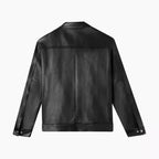 Men's Black Original Leather Racer Jacket with Stand Collar - Premium Sleek Café Racer – close-up detail – Kamercio