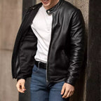 Men's Black Original Leather Racer Jacket with Stand Collar - Premium Sleek Café Racer – leather jacket, side view – Kamercio