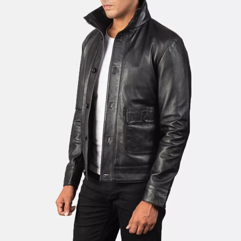 Men's Original Black Leather Utility Jacket - Premium Full-Grain Button-Front Field Jacket