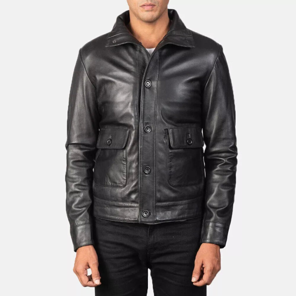 Men's Original Black Leather Utility Jacket - Premium Full-Grain Button-Front Field Jacket