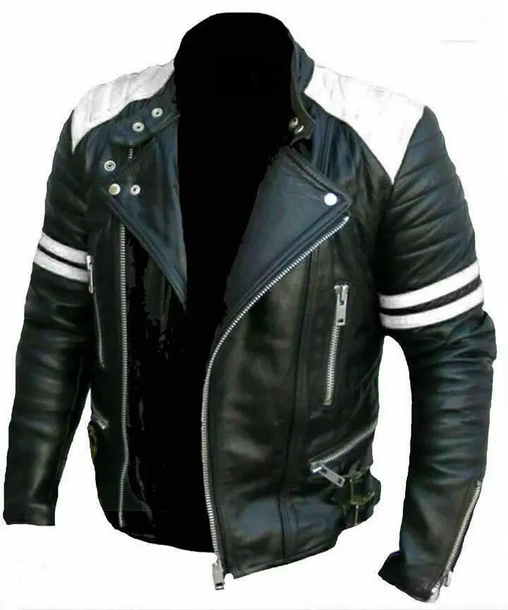 Men's Black Original Leather Biker Jacket with White Racing Stripes - Premium Double Rider
