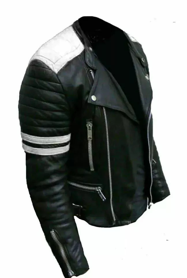 Men's Black Original Leather Biker Jacket with White Racing Stripes - Premium Double Rider