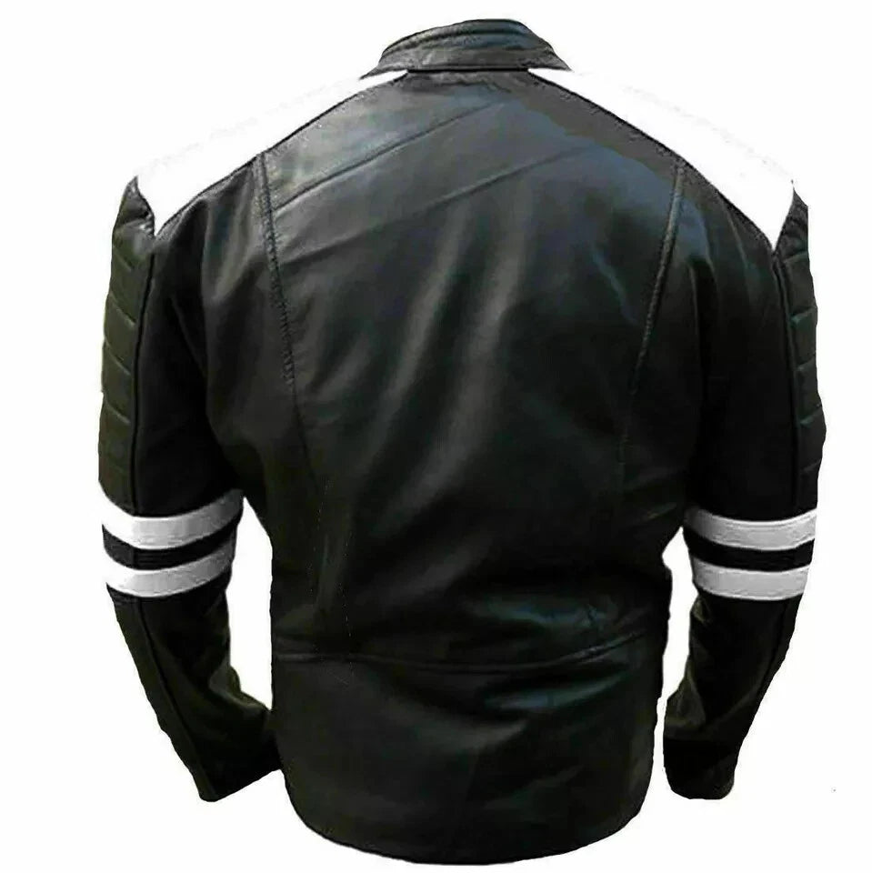 Men's Black Original Leather Biker Jacket with White Racing Stripes - Premium Double Rider