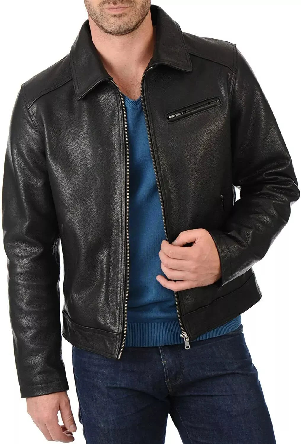 Men's Black Original Leather Bomber Jacket with Shirt Collar - Premium Classic Flight Jacket
