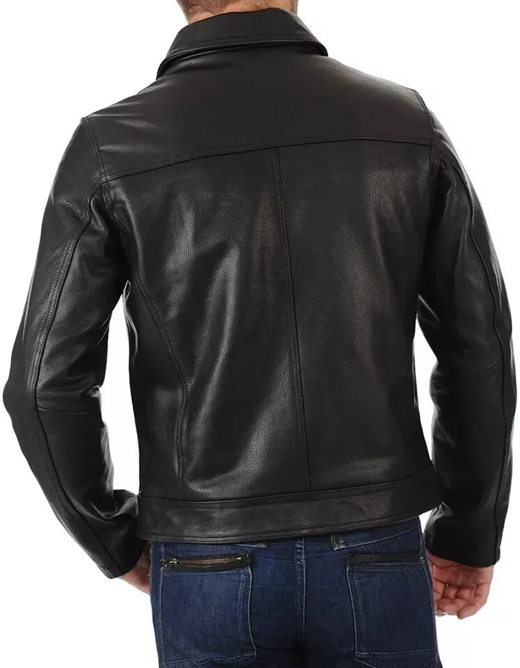 Men's Black Original Leather Bomber Jacket with Shirt Collar - Premium Classic Flight Jacket