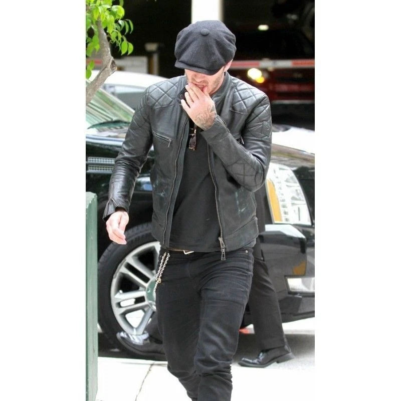 Men's Black Leather Biker Jacket with Diamond Quilted Shoulders - Premium Moto Racer