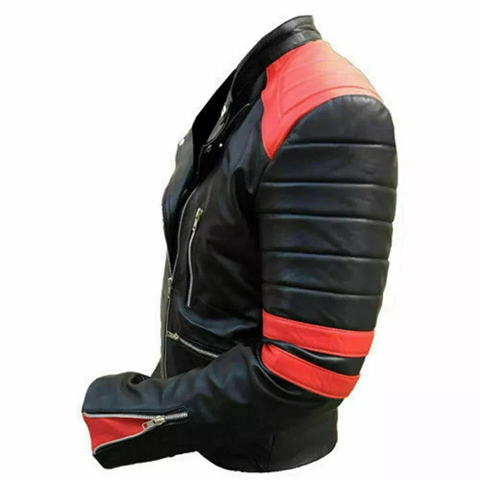 Men's Black Original Leather Biker Jacket with Red Racing Stripes - Premium Double Rider