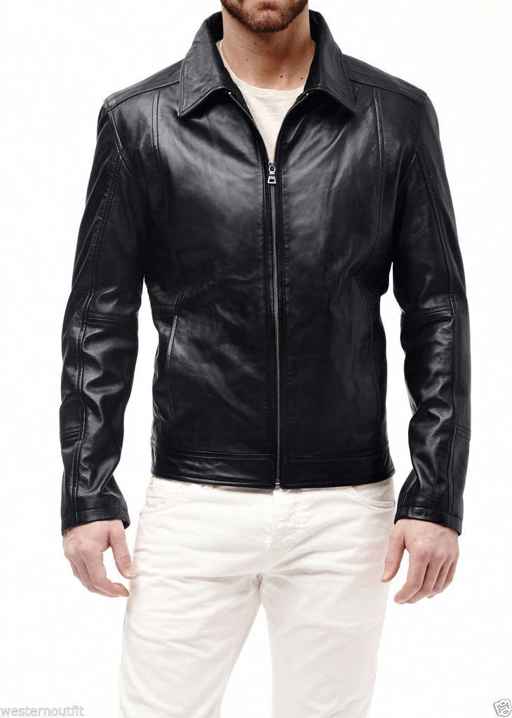 Men's Original Black Leather Jacket with Shirt Collar - Premium Sleek Racer