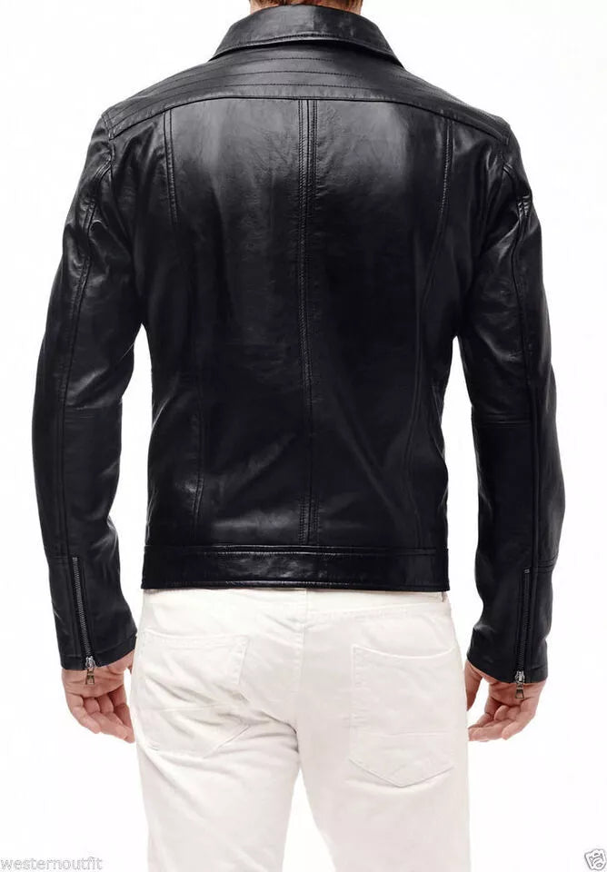 Men's Original Black Leather Jacket with Shirt Collar - Premium Sleek Racer