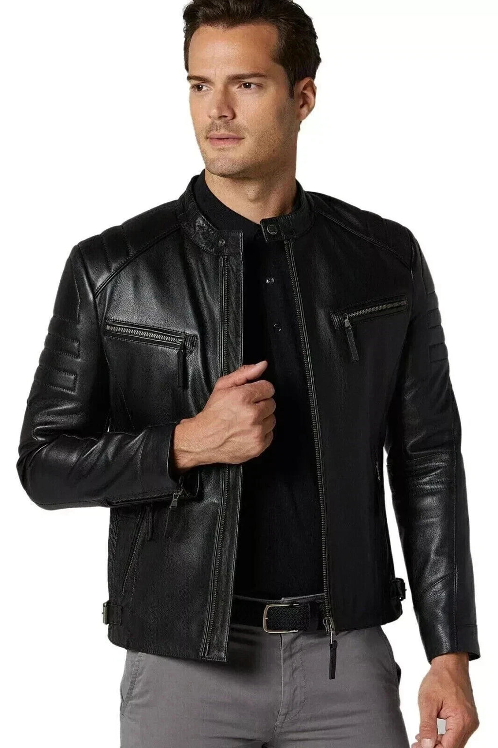 Men's Original Black Leather Biker Jacket with Band Collar - Premium Quilted Moto Racer