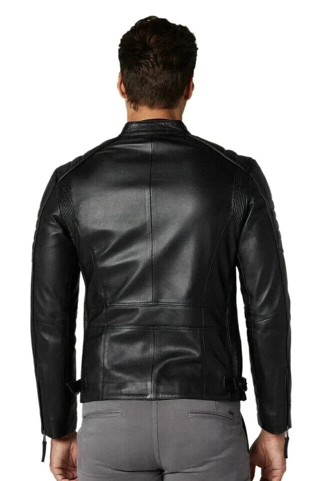 Men's Original Black Leather Biker Jacket with Band Collar - Premium Quilted Moto Racer