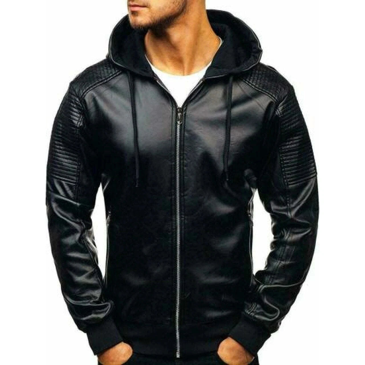 Men's Original Leather Jacket with Hood - Premium Quilted Bomber with Removable Hood