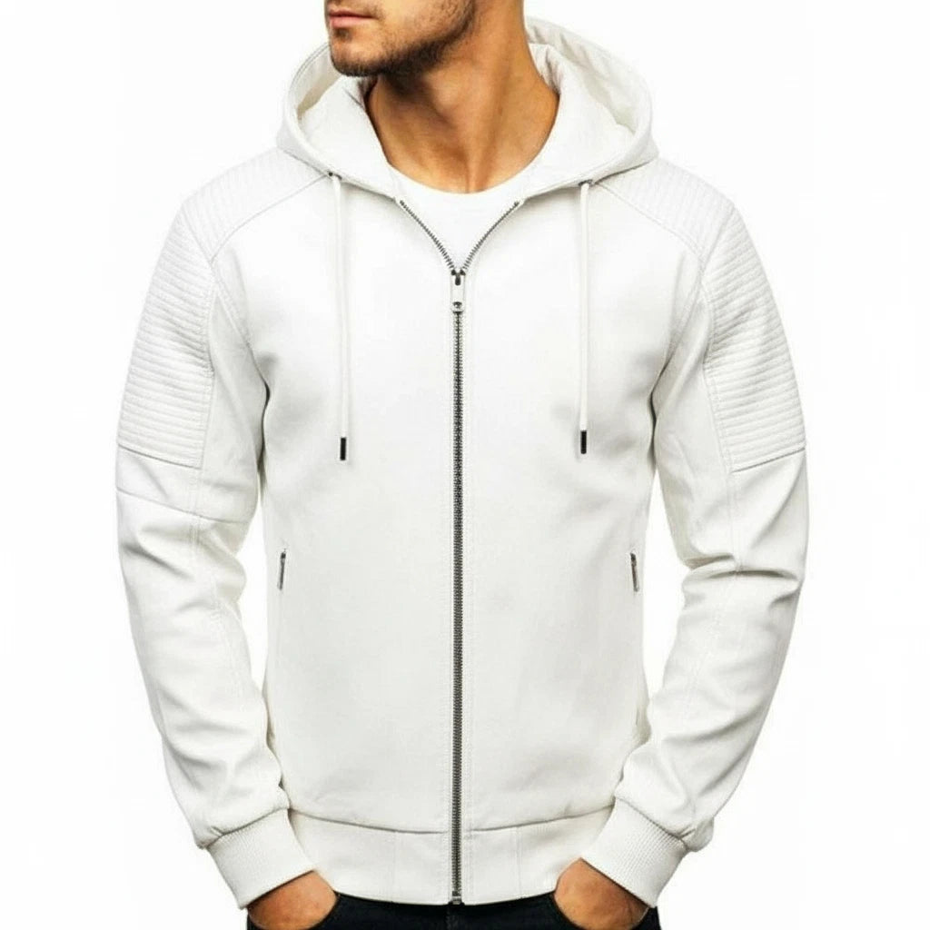 Men's Original Leather Jacket with Hood - Premium Quilted Bomber with Removable Hood