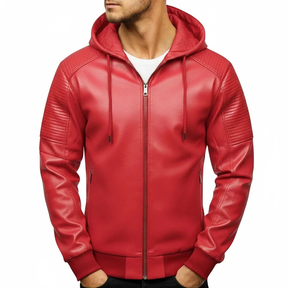 Men's Original Leather Jacket with Hood - Premium Quilted Bomber with Removable Hood