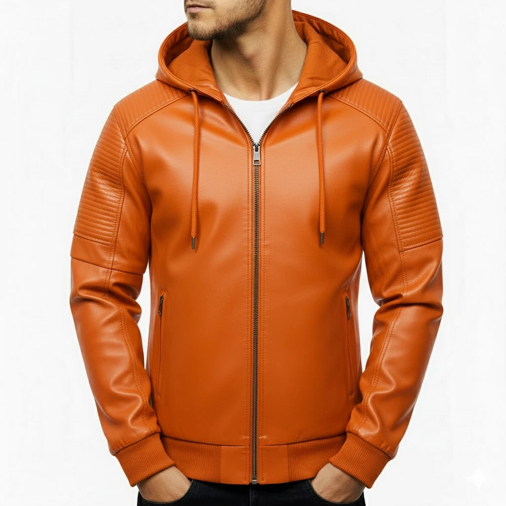 Men's Original Leather Jacket with Hood - Premium Quilted Bomber with Removable Hood
