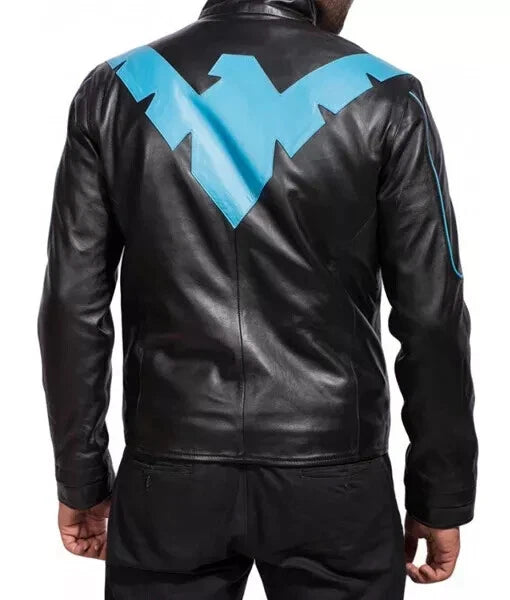 Men's Black Original Leather Jacket with Blue Chevron - Premium Superhero Inspired Racer Jacket