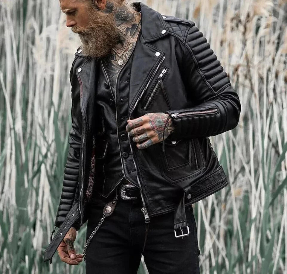 Men's Black Quilted Leather Biker Jacket - Premium Full-Grain Moto Jacket with Diamond Stitching