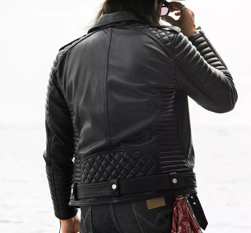 Men's Black Quilted Leather Biker Jacket - Premium Full-Grain Moto Jacket with Diamond Stitching