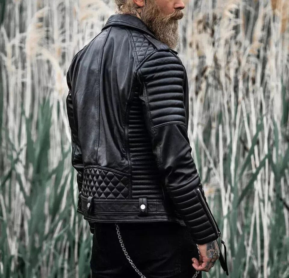 Men's Black Quilted Leather Biker Jacket - Premium Full-Grain Moto Jacket with Diamond Stitching