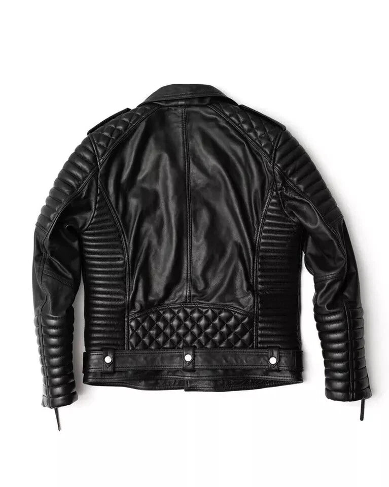 Men's Black Quilted Leather Biker Jacket - Premium Full-Grain Moto Jacket with Diamond Stitching