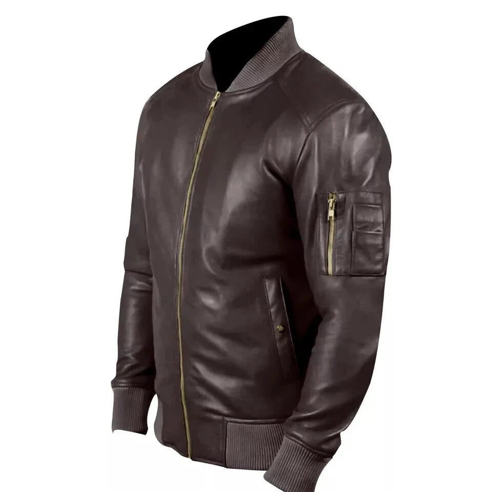 Men's Brown Original Leather Bomber Jacket - Premium Full-Grain MA-1 Flight Jacket