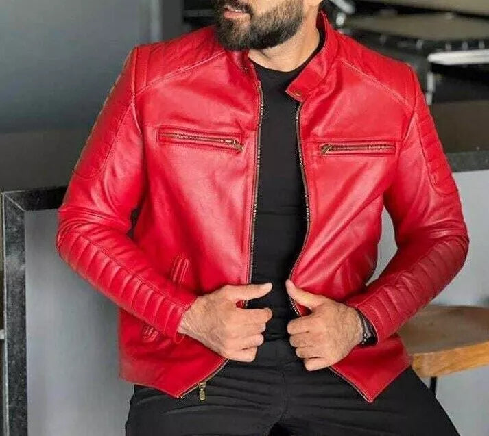 Men's Red Leather Jacket - Premium Full-Grain Quilted Racer Jacket