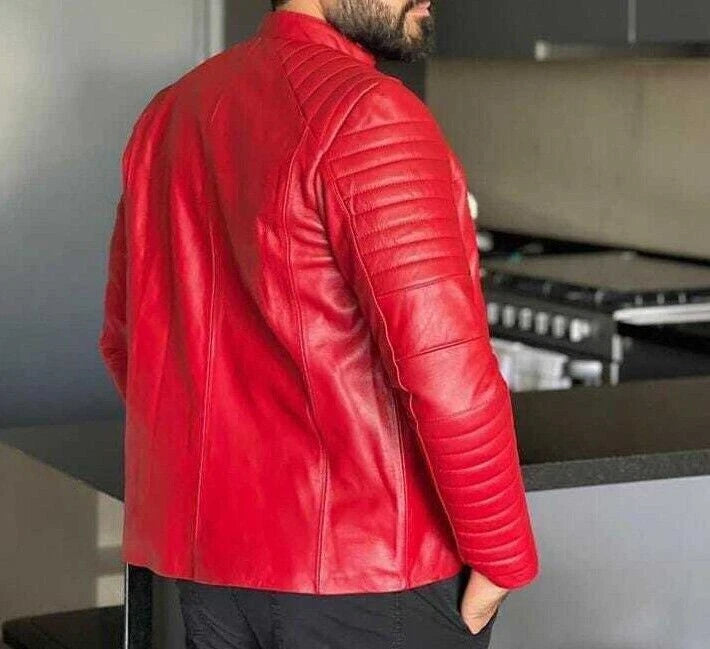 Men's Red Leather Jacket - Premium Full-Grain Quilted Racer Jacket